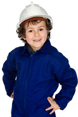 Child with work clothes and white helmet a over white background
