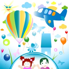 Abwaschbare Fototapete Flugzeuge, Ballon glückliche Welt, abstraktes Design für Kinder