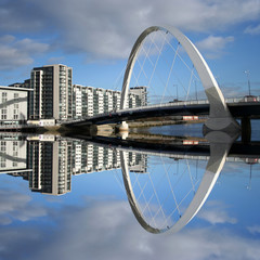 new bridge reflected in river Clyde Glasgow Scotland