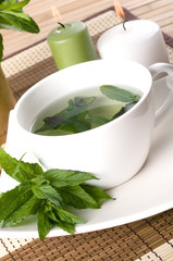 cup of mint tea and fresh leaves