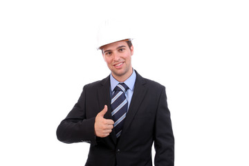 young business man going thumbs up, isolated on white background