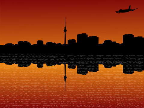 plane arriving in Berlin at sunset illustration