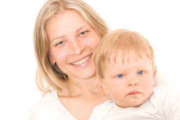 picture of happy mother with baby over white