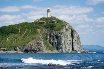 Beacon on a rock on coast of sea of Japan