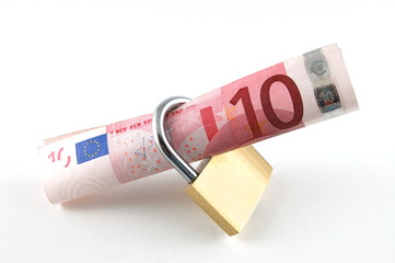 Padlock and money isolated on a white background