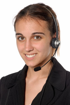 Female contact person with telephone headset.