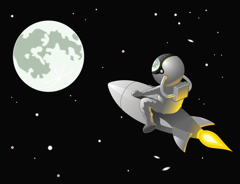 Astronaut riding a rocket to the Moon.