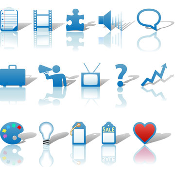 Communications Media Business Icons Reflections Shadows Set Blue