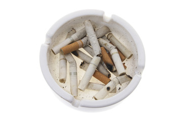 Cigarette Butts on Ash Tray on White Background