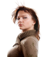 Portrait of young woman on white background .