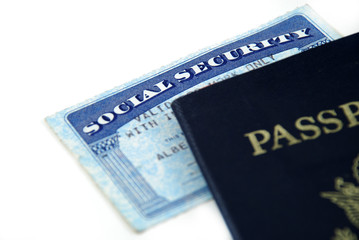 stock pictures of a social security card and a passport