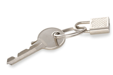 isolated metal silver key with lock, white background