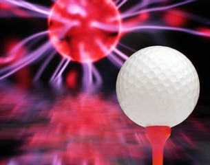 Surreal image of golf ball over plasma background