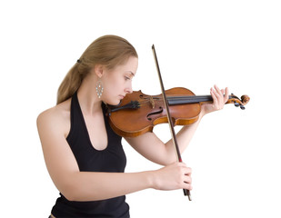 A young girl plays on a violin