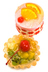 Sweet cakes with fruit on a white background