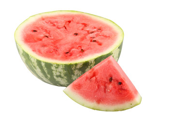 Juicy appetizing half watermelon isolated on white