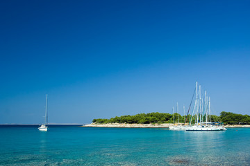 Sail boats docked in beautiful bay, Adriatic sea, Croatia