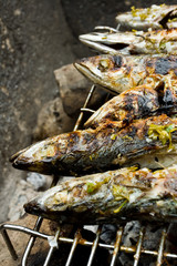 Grilled fishes laying on hot grill