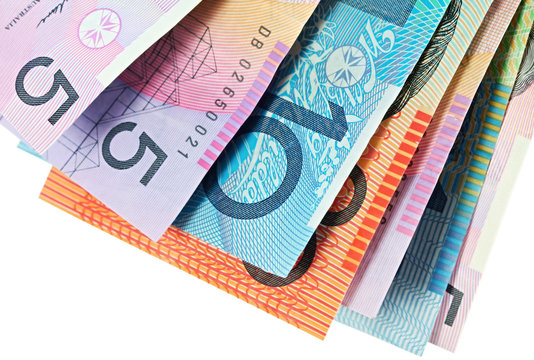 Australian money, fanned against white background.