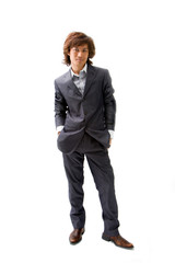 Young Asian business man dressed in a gray pinstripe suit