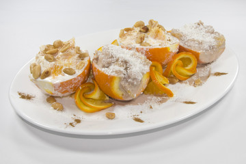 Tasty desert, oranges, ice-cream