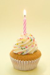 Cupcake with icing and single candle with yellow theme