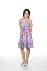pretty teen in purple and blue floral sundress