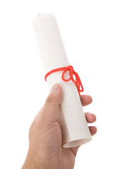 hand holding University diploma with white background