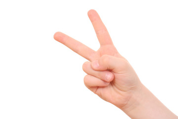 hand counting - two fingers of kid's hand isolated on white