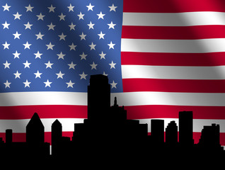 Dallas skyline against rippled American Flag illustration