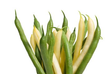 Green and yellow wax beans stacked to form a bouquet
