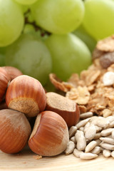 healthy eating - muesli grapes and hazelnuts
