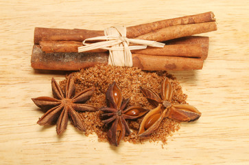 Cinnamon,star anise and chinese five spice on wood