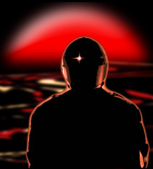 Primo piano di astronauta in controluce con sfondo surreale © Hellen