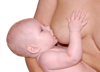 mother breast feed her baby  on a white background