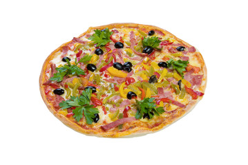 Supreme Pizza in pan.Neapolitan,Close-up.isolated