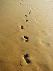 Fototapeta na wymiar foot and ball prints on sand
