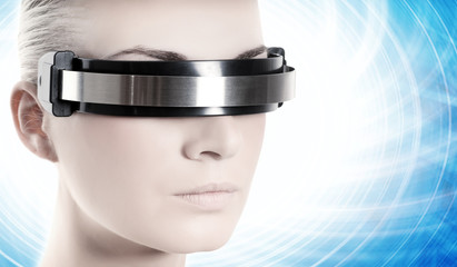 Beautiful cyber woman over abstract blue background
