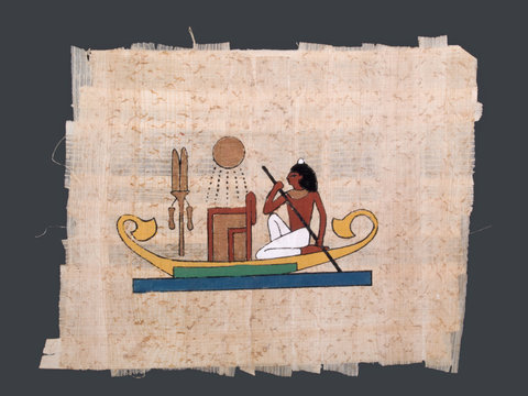 ancient egyptian papyrus painting of nile boat and sun
