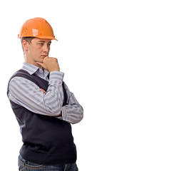 engineer in orange helmet thinking