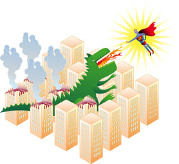 Flying superhero stop Godzilla from his destruction routine
