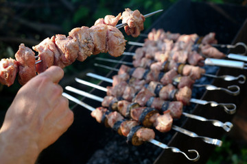 chunks of meat cooking on barbeque grill