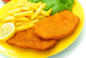 schnitzel -paniert mit salat,pommes frites