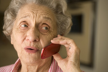 Smiling elderly woman talking on cell phone