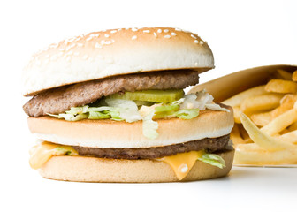 Hamburger and fried potatoes isolated on a  white background.