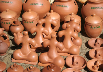 hand made pots on display in street market. gran canaria