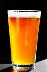 Full pint of amber beer with head, on dark background