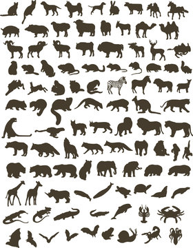 100 black silhouettes of animals