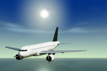 A passenger jet flying over the ocean on a sunny day