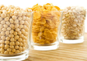 Soya beans, corflakes, and beans
